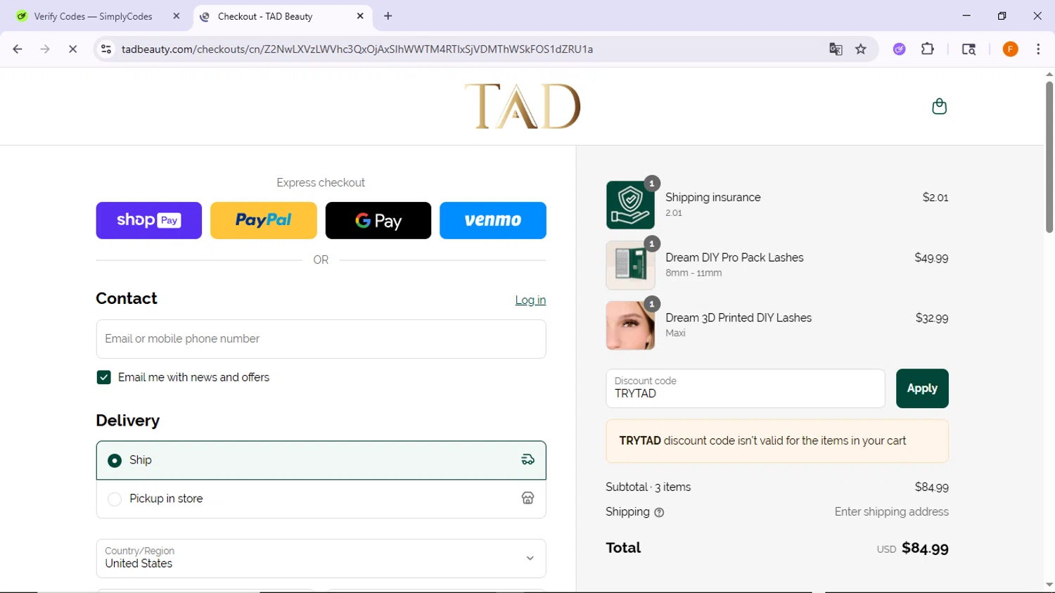 TAD Beauty promo code screenshot showing code TRYTAD applied at TAD Beauty checkout page. Uploaded by SimplyCodes community member TreasureSleuth5198 on Jun 16, 2025