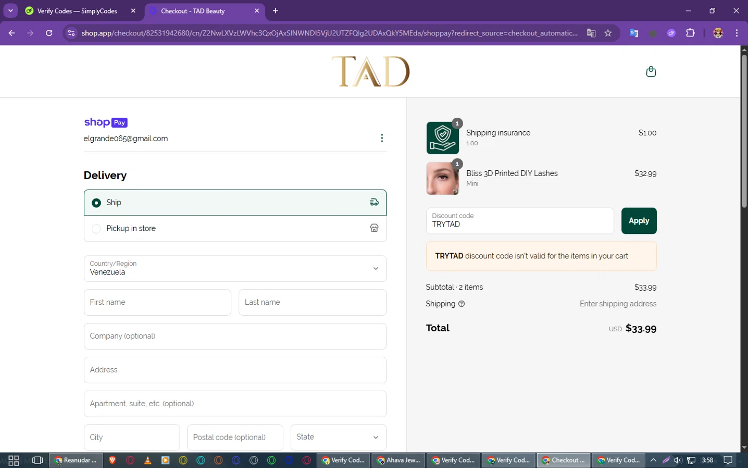 TAD Beauty promo code screenshot showing code TRYTAD applied at TAD Beauty checkout page. Uploaded by SimplyCodes community member PrimeSeeker905 on Apr 27, 2025