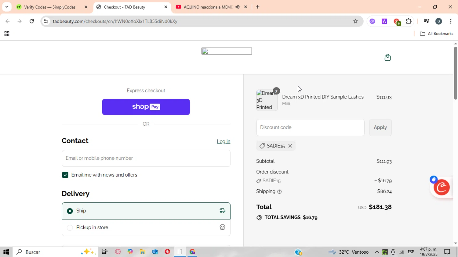 TAD Beauty promo code screenshot showing code SADIE15 applied at TAD Beauty checkout page. Uploaded by SimplyCodes community member CrownWizard8571 on Jul 19, 2025