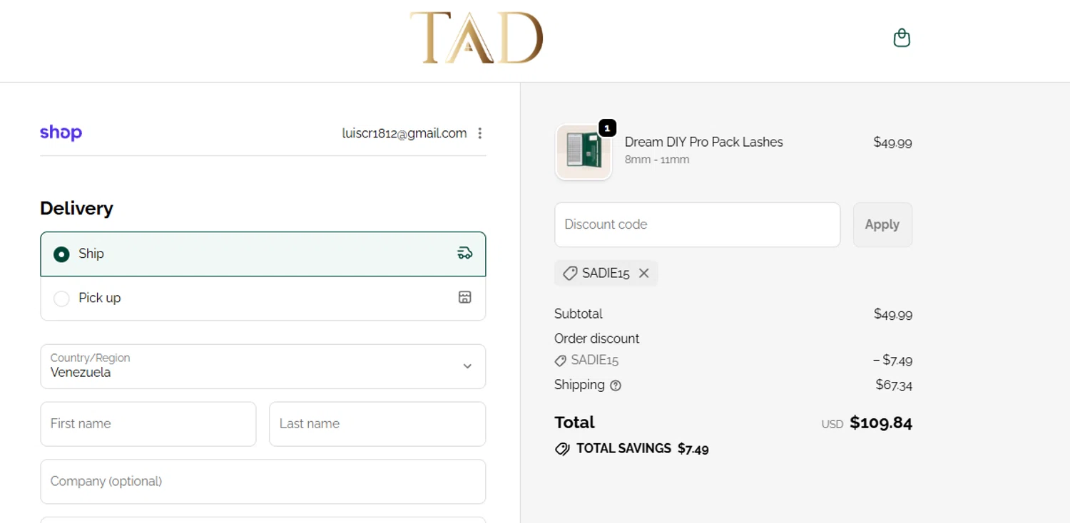 TAD Beauty promo code screenshot showing code SADIE15 applied at TAD Beauty checkout page. Uploaded by SimplyCodes community member GoldPilot8897 on Dec 11, 2025