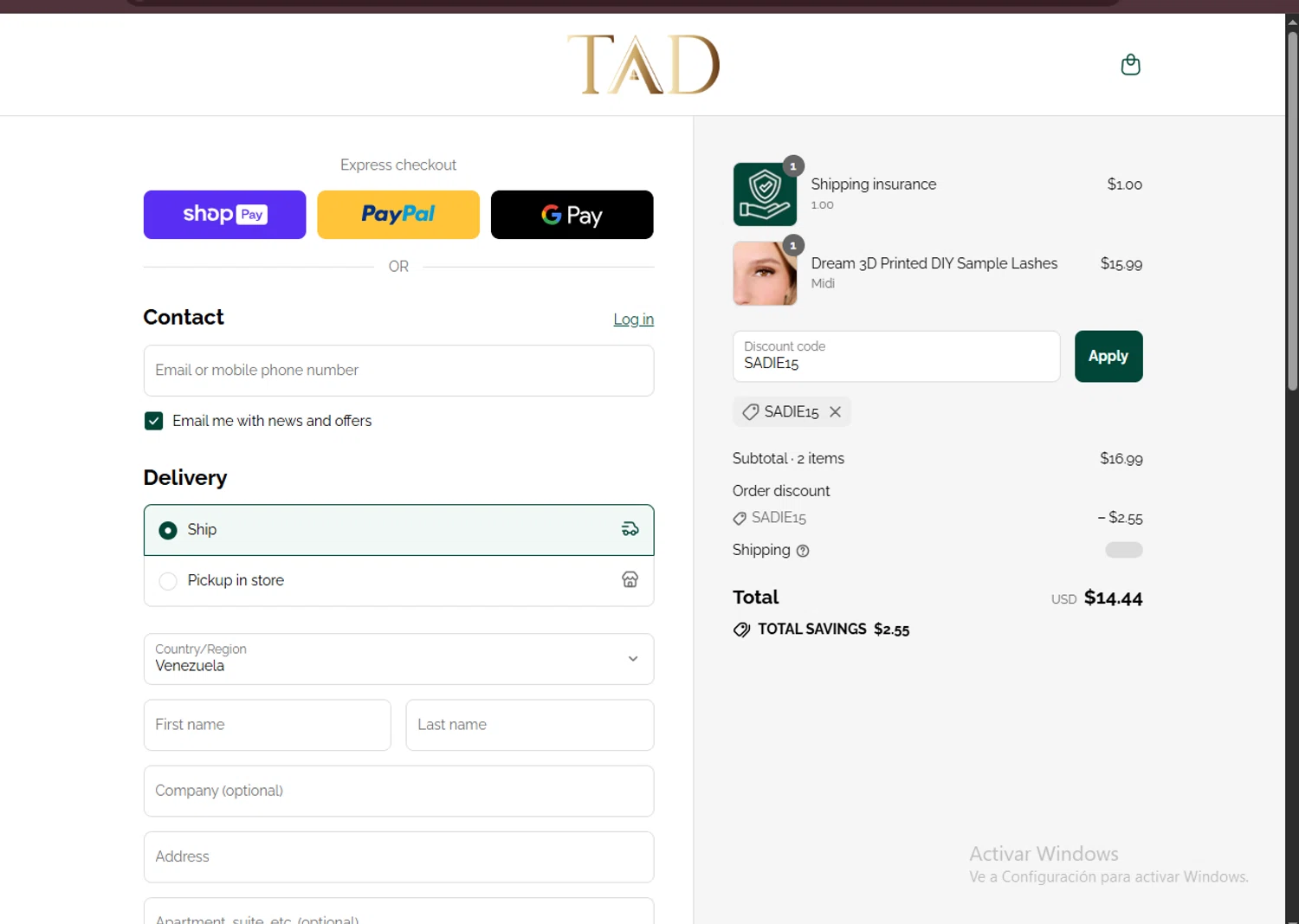 TAD Beauty promo code screenshot showing code SADIE15 applied at TAD Beauty checkout page. Uploaded by SimplyCodes community member VoucherRanger9105 on Jul 19, 2025