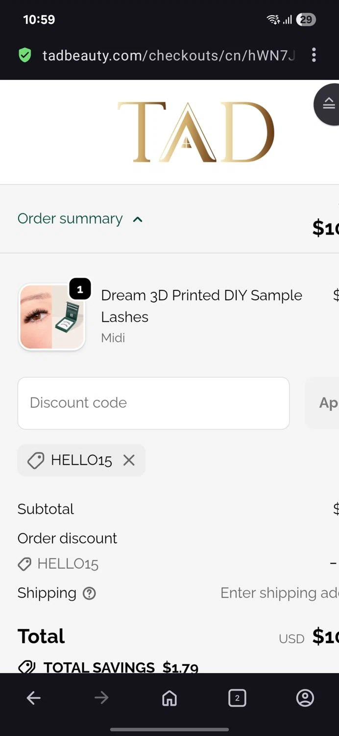 TAD Beauty promo code screenshot showing code Hello15 applied at TAD Beauty checkout page. Uploaded by SimplyCodes community member BB9542251456527 on Jan 7, 2026