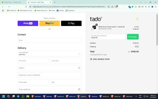 Tado checkout page showing Tado discount code box | Screenshot taken by SimplyCodes community member on Feb 24, 2025