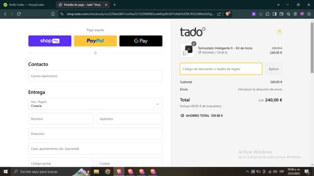 Tado checkout page showing Tado discount code box | Screenshot taken by SimplyCodes community member on Feb 23, 2025