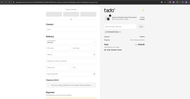 Tado checkout page showing Tado discount code box | Screenshot taken by SimplyCodes community member on Sep 21, 2025