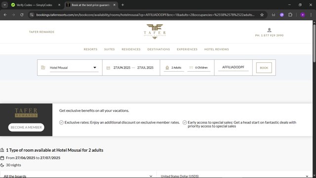 TAFER Hotels & Resorts checkout page showing TAFER Hotels & Resorts promo code box | Screenshot taken by SimplyCodes community member on Jun 25, 2025