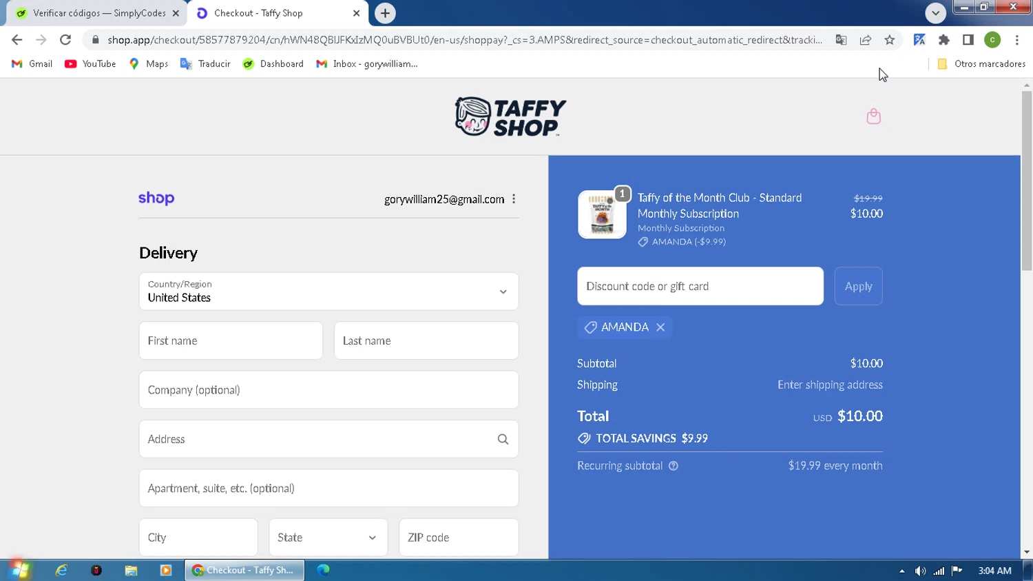 Taffy Shop discount code screenshot showing code AMANDA applied at Taffy Shop checkout page. Uploaded by SimplyCodes community member MagnificentPilot8371 on Oct 15, 2025