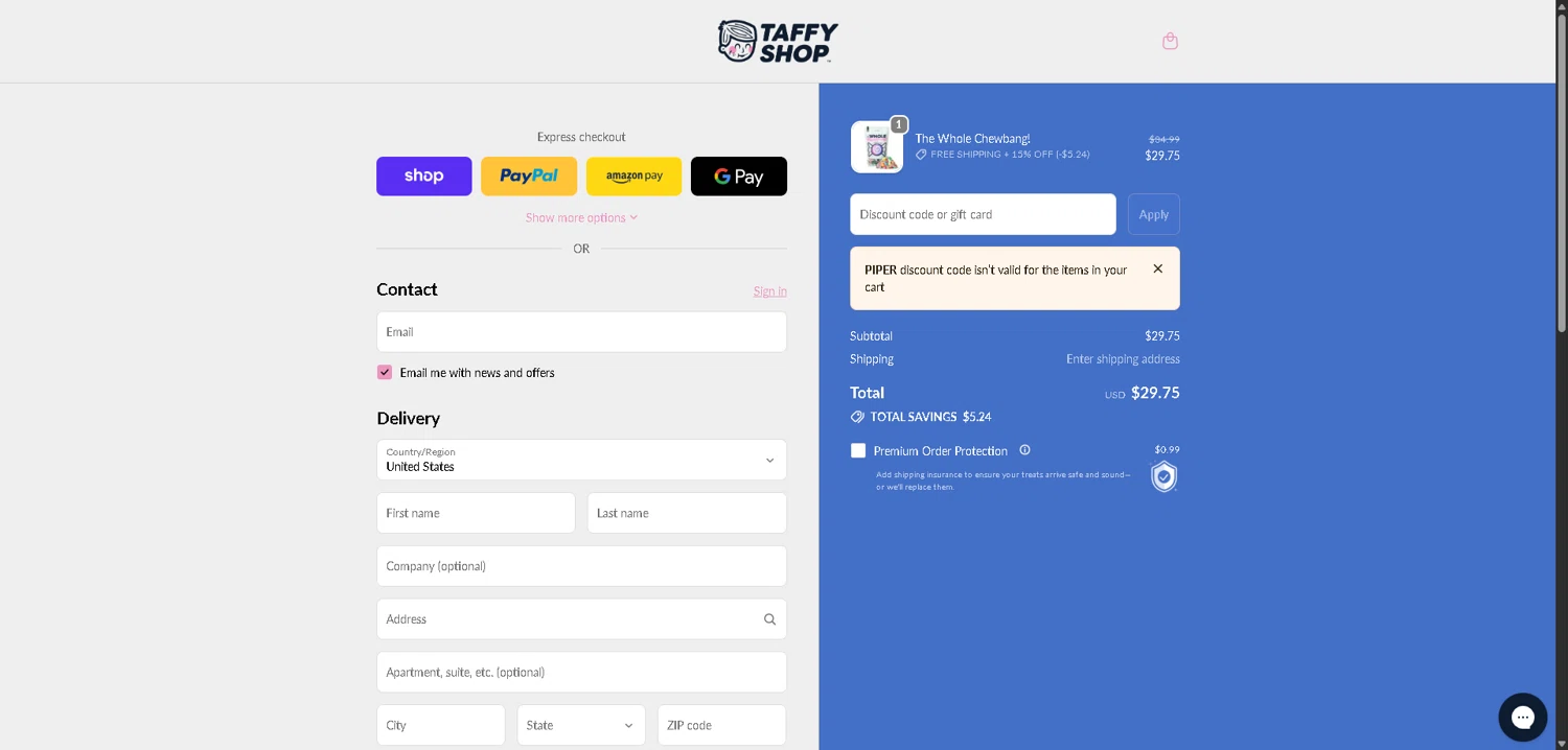 Taffy Shop discount code screenshot showing code PIPER applied at Taffy Shop checkout page. Uploaded by SimplyCodes community member PrimeSentinel4675 on Dec 24, 2025