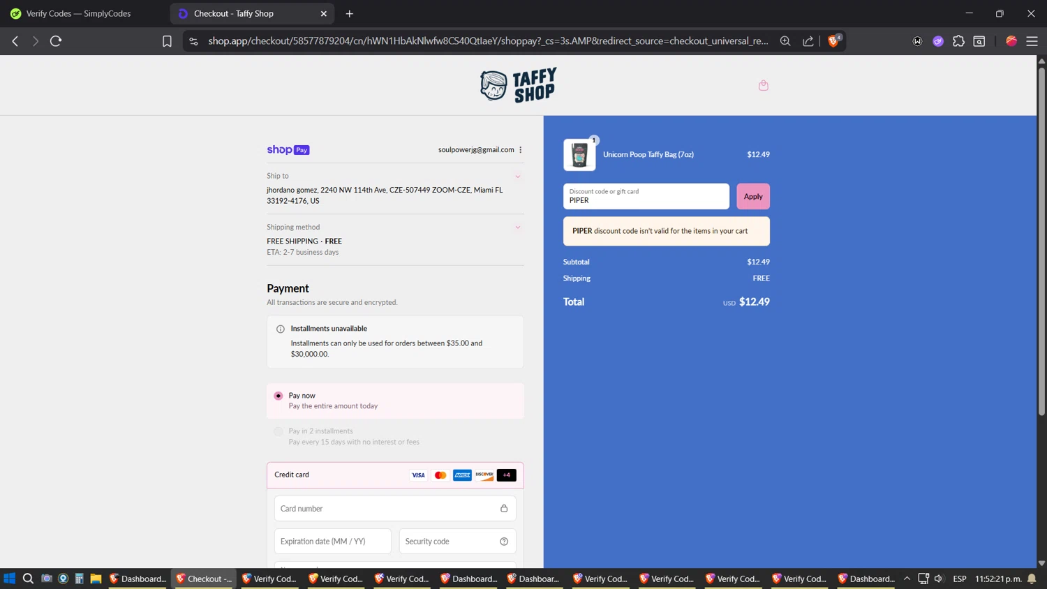 Taffy Shop discount code screenshot showing code PIPER applied at Taffy Shop checkout page. Uploaded by SimplyCodes community member verifier_983798000 on Aug 1, 2025