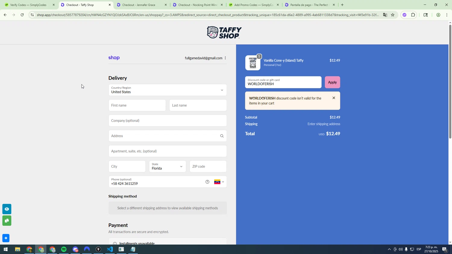 Taffy Shop discount code screenshot showing code WORLDOFERISH applied at Taffy Shop checkout page. Uploaded by SimplyCodes community member sfdfgdsfgdfgdfg on Oct 27, 2025