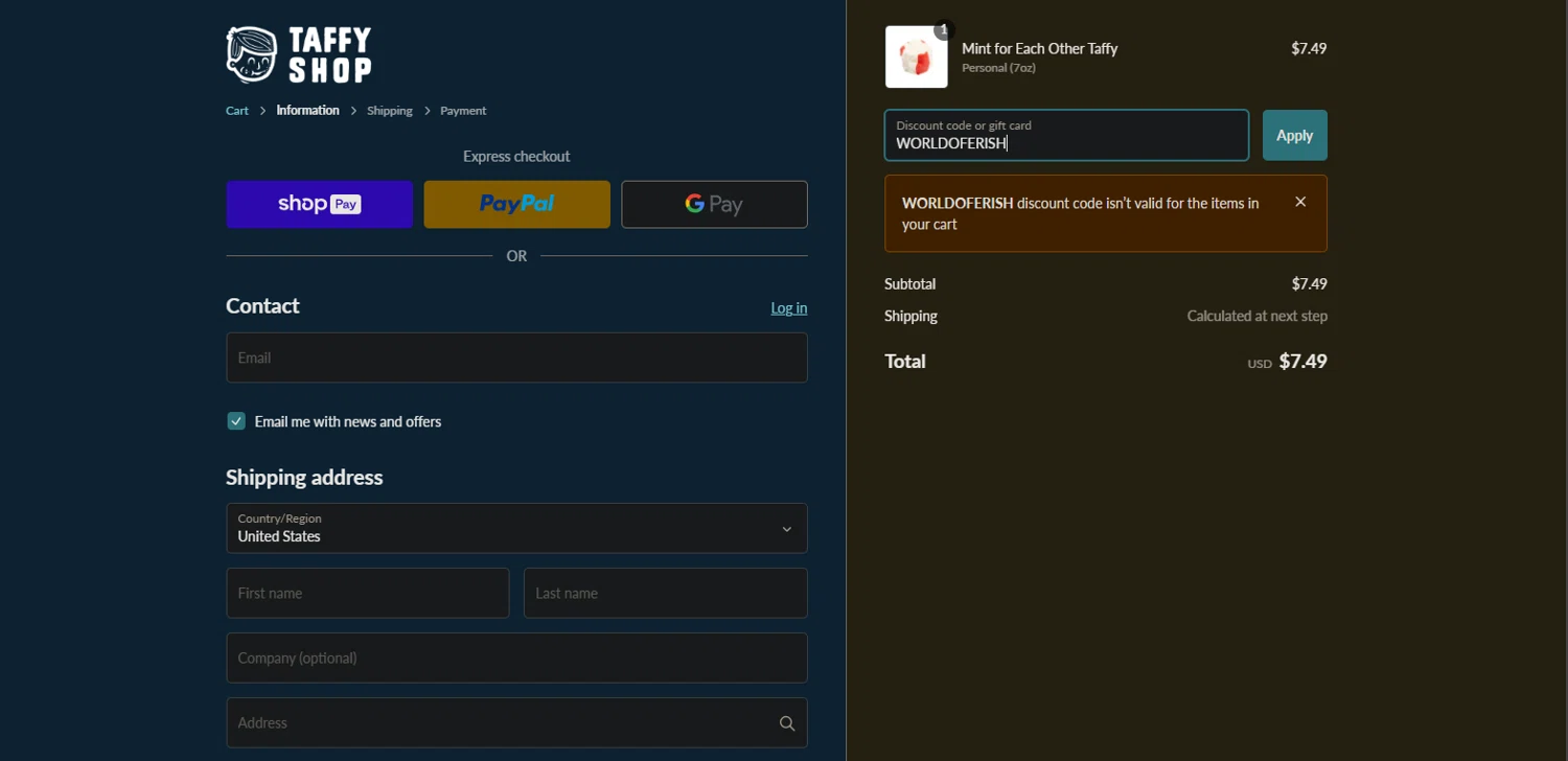 Taffy Shop discount code screenshot showing code WORLDOFERISH applied at Taffy Shop checkout page. Uploaded by SimplyCodes community member Nor_man on Jan 13, 2025
