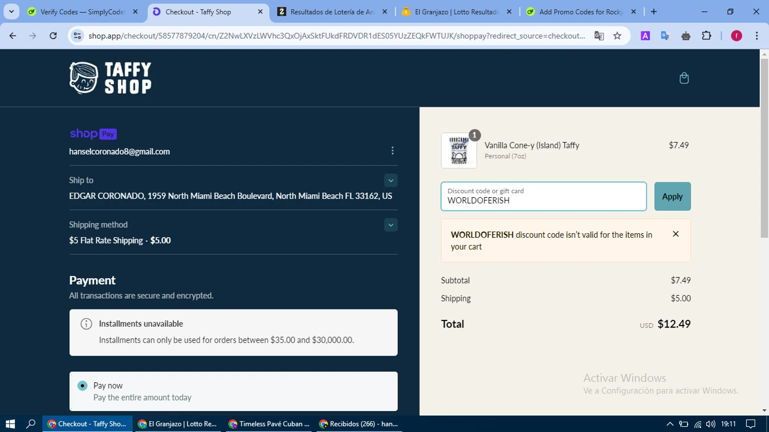 Taffy Shop discount code screenshot showing code WORLDOFERISH applied at Taffy Shop checkout page. Uploaded by SimplyCodes community member fausguillermo on Feb 6, 2025