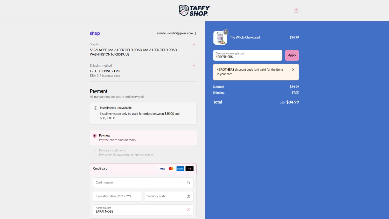 Taffy Shop discount code screenshot showing code 4BROTHERS applied at Taffy Shop checkout page. Uploaded by SimplyCodes community member MrsPopo on Oct 11, 2025