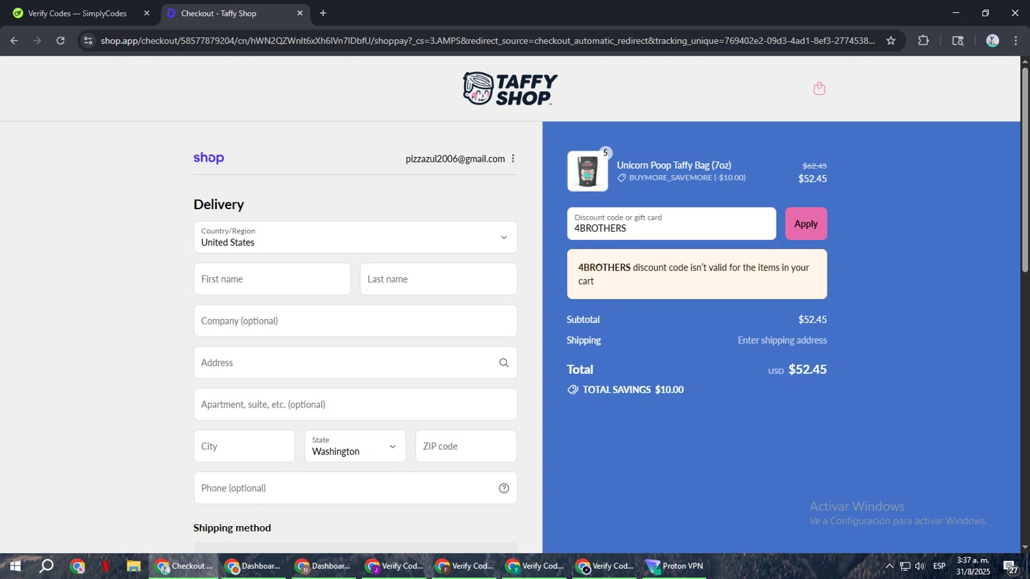 Taffy Shop discount code screenshot showing code 4BROTHERS applied at Taffy Shop checkout page. Uploaded by SimplyCodes community member ShrewdSeeker6165 on Aug 31, 2025
