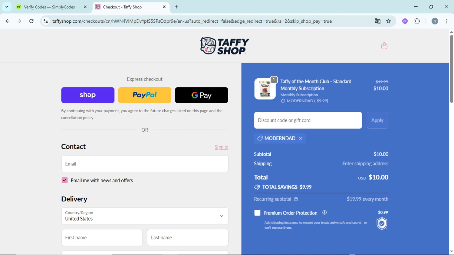 Taffy Shop discount code screenshot showing code MODERNDAD applied at Taffy Shop checkout page. Uploaded by SimplyCodes community member EpicScholar6418 on Oct 25, 2025