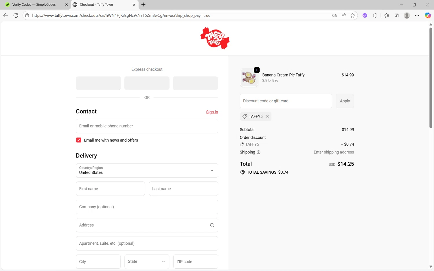 Taffy Town discount code screenshot showing code TAFFY5 applied at Taffy Town checkout page. Uploaded by SimplyCodes community member frijolito on Oct 19, 2025