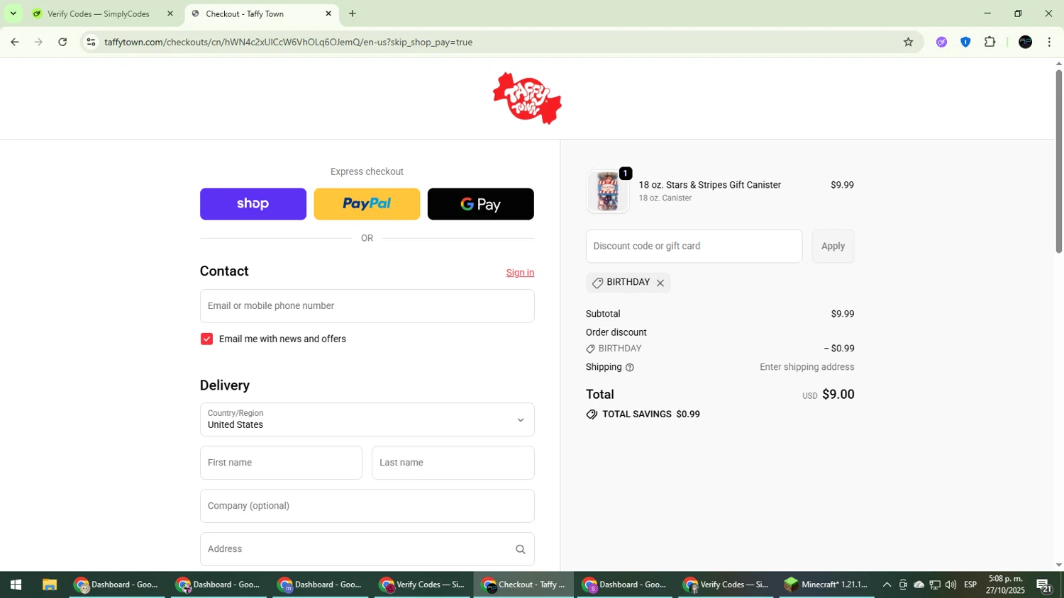 Taffy Town discount code screenshot showing code BIRTHDAY applied at Taffy Town checkout page. Uploaded by SimplyCodes community member CarmenVGR on Oct 27, 2025