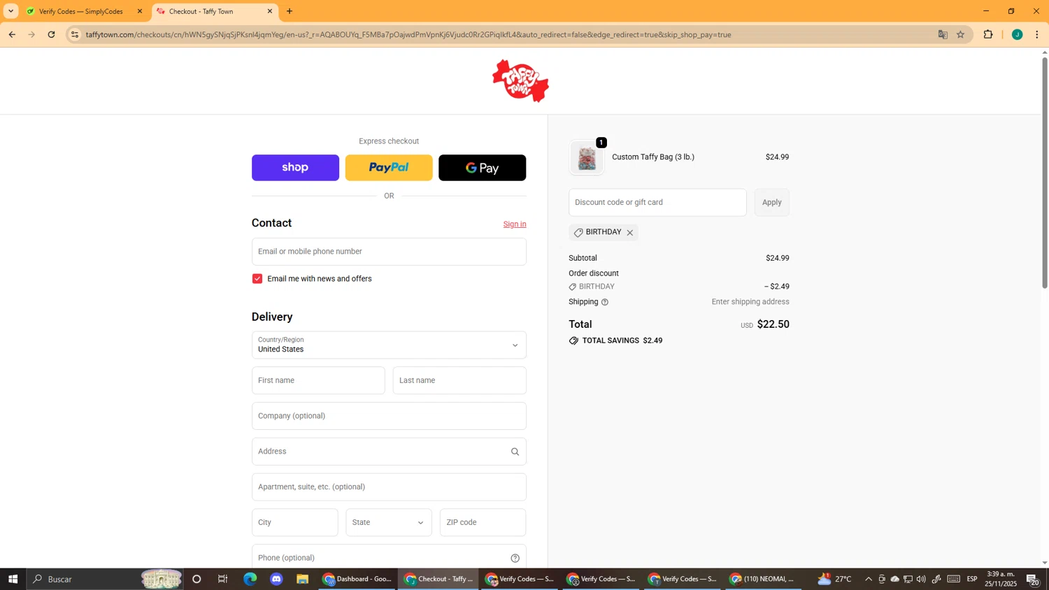 Taffy Town discount code screenshot showing code BIRTHDAY applied at Taffy Town checkout page. Uploaded by SimplyCodes community member DealScout5970 on Nov 25, 2025