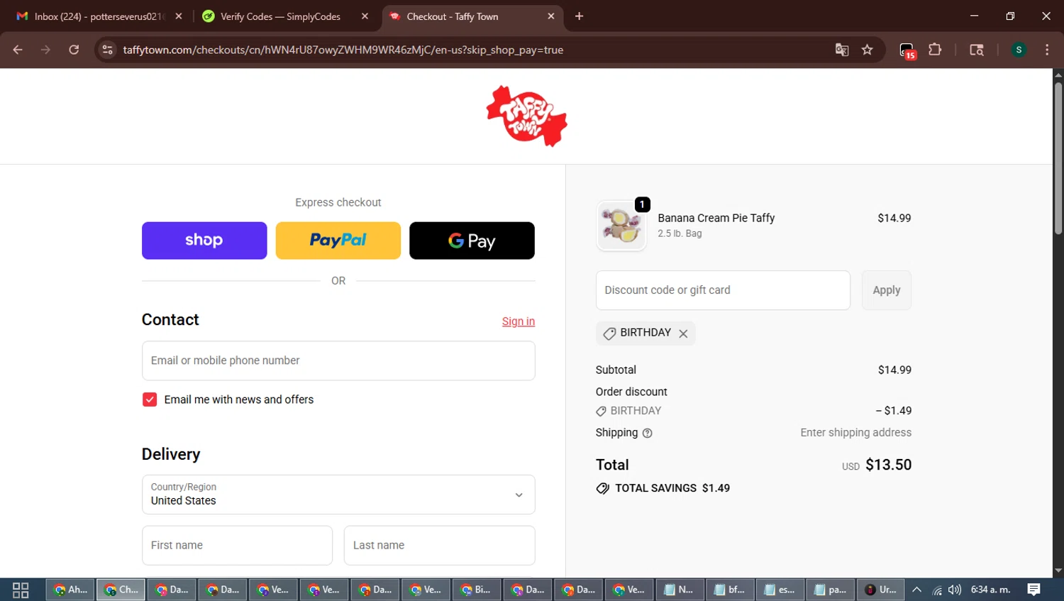 Taffy Town discount code screenshot showing code BIRTHDAY applied at Taffy Town checkout page. Uploaded by SimplyCodes community member ShrewdAce7935 on Nov 3, 2025