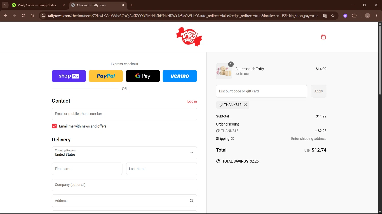 Taffy Town discount code screenshot showing code THANKS15 applied at Taffy Town checkout page. Uploaded by SimplyCodes community member WisePro3955 on May 16, 2025