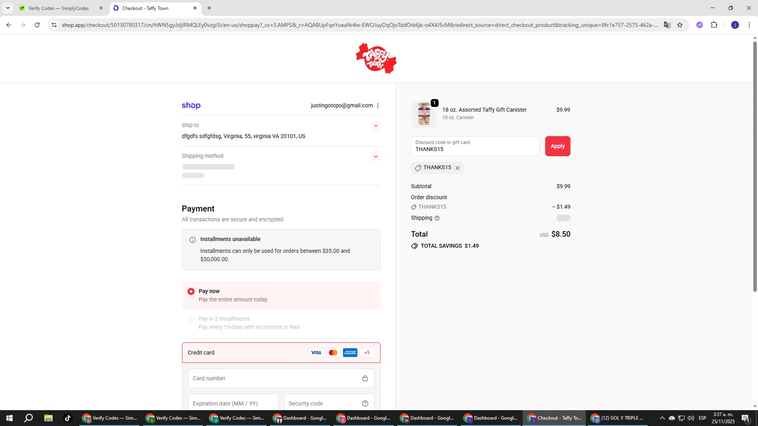 Taffy Town discount code screenshot showing code THANKS15 applied at Taffy Town checkout page. Uploaded by SimplyCodes community member simplycodesssss on Nov 25, 2025