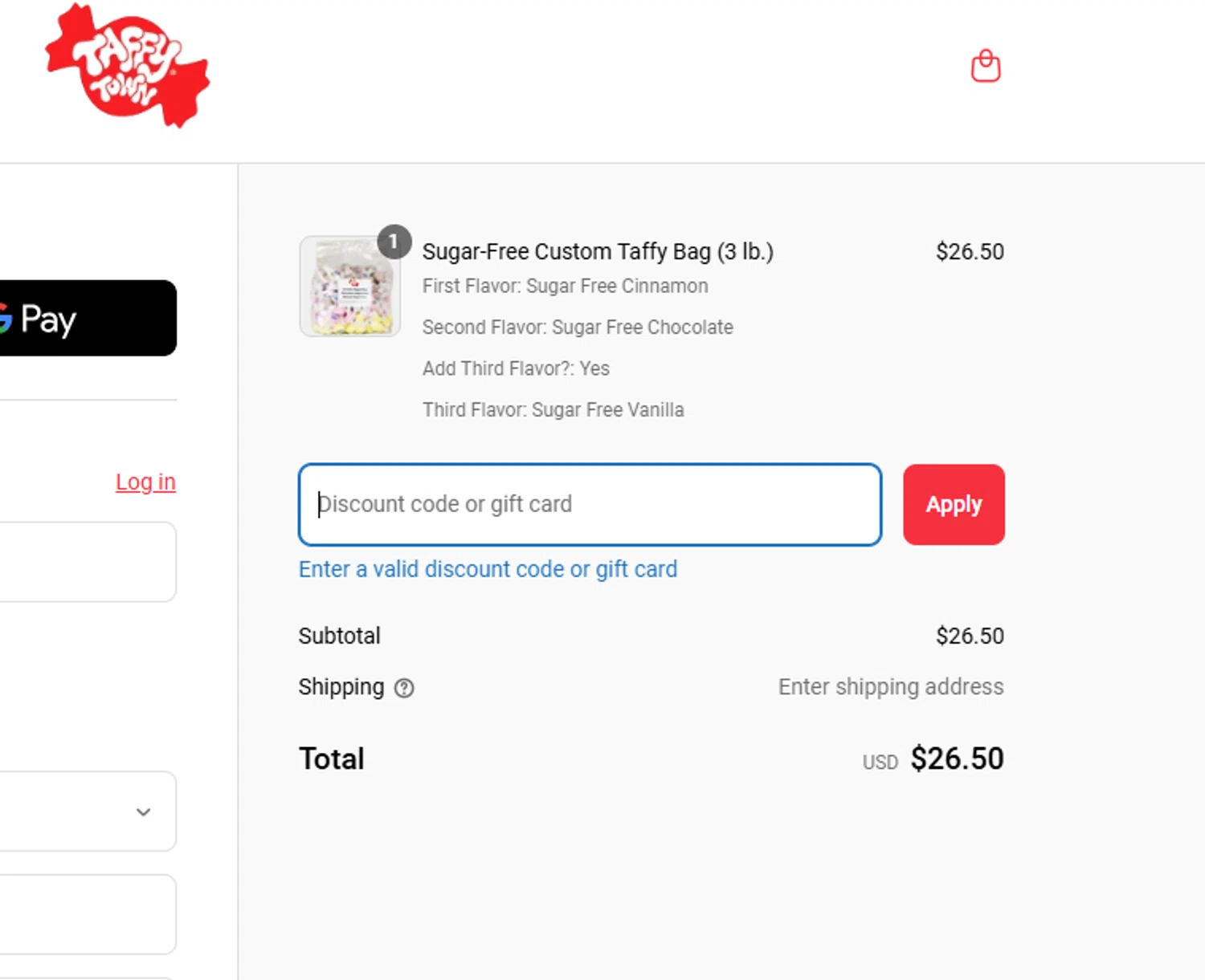 Taffy Town discount code screenshot showing code MORGANTAFFY10 applied at Taffy Town checkout page. Uploaded by SimplyCodes community member MoneyKnight5311 on Apr 27, 2025