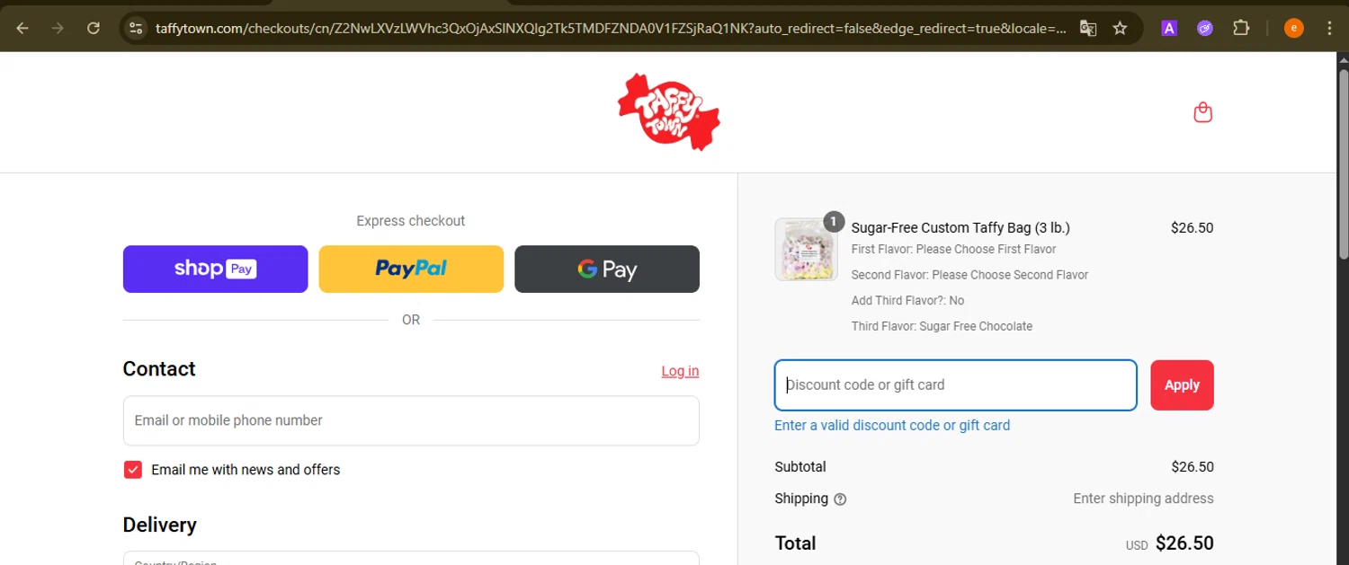 Taffy Town discount code screenshot showing code MORGANTAFFY10 applied at Taffy Town checkout page. Uploaded by SimplyCodes community member NobleElite1598 on Apr 27, 2025