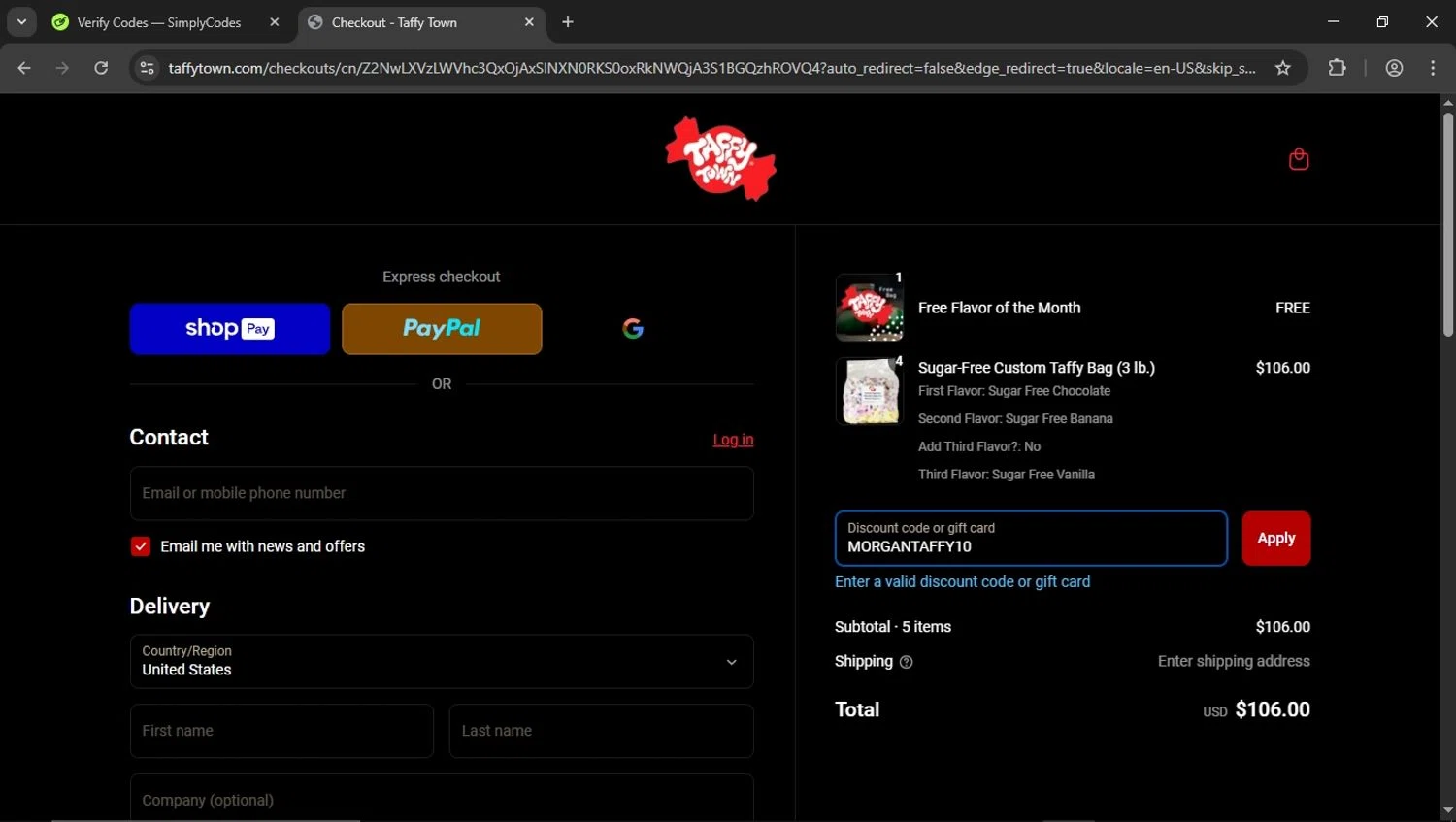 Taffy Town discount code screenshot showing code MORGANTAFFY10 applied at Taffy Town checkout page. Uploaded by SimplyCodes community member SaleSentinel3142 on Apr 27, 2025
