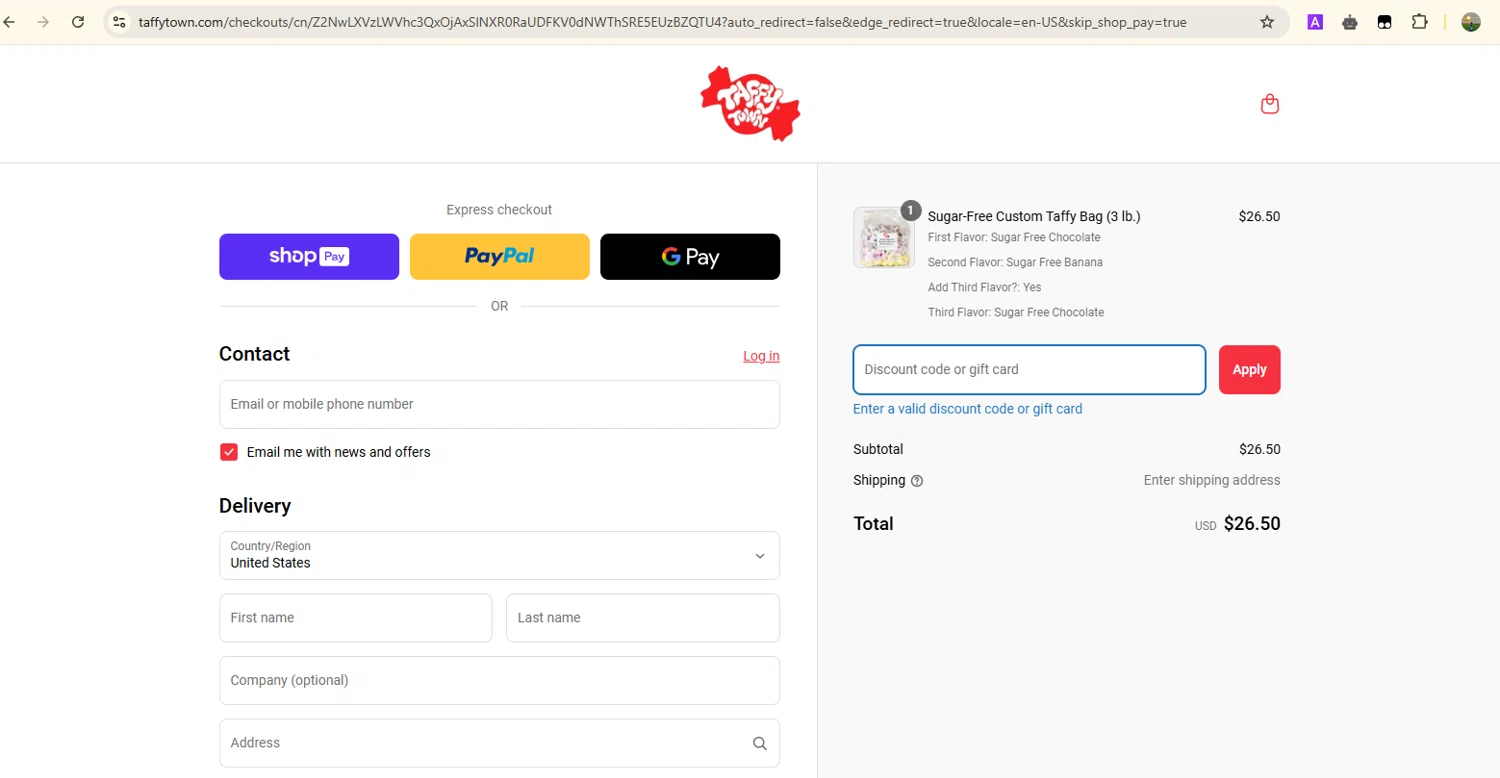 Taffy Town discount code screenshot showing code ELENATAFFY10 applied at Taffy Town checkout page. Uploaded by SimplyCodes community member Samugl21 on Apr 27, 2025