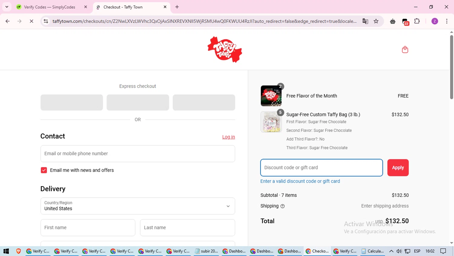 Taffy Town discount code screenshot showing code ELENATAFFY10 applied at Taffy Town checkout page. Uploaded by SimplyCodes community member ValiantFinder3275 on Apr 27, 2025