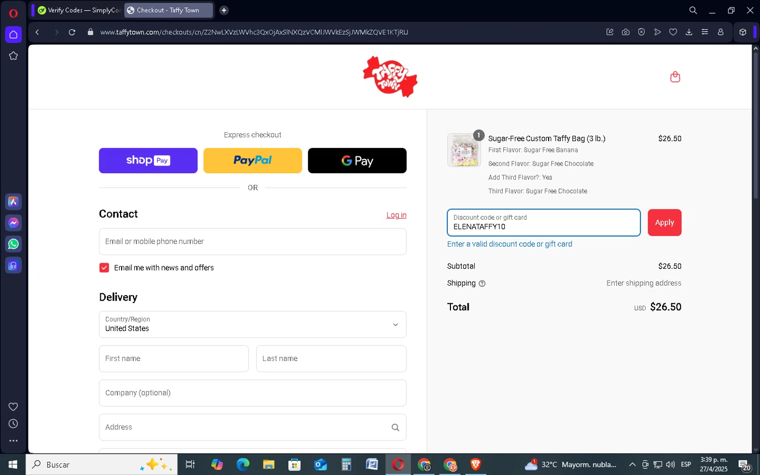 Taffy Town discount code screenshot showing code ELENATAFFY10 applied at Taffy Town checkout page. Uploaded by SimplyCodes community member SavingsSentinel833 on Apr 27, 2025