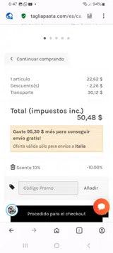 TAGLIAPASTA coupon verification screenshot
