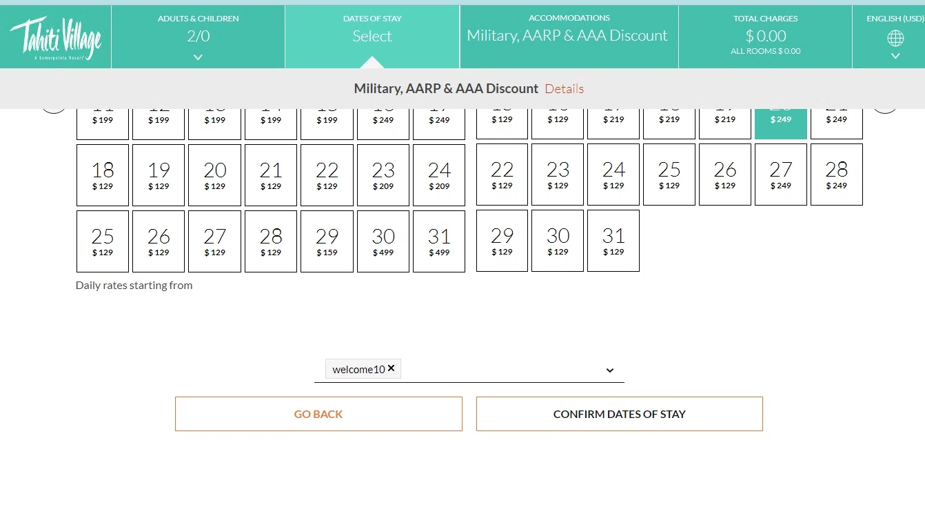 Tahiti Village Resort checkout page showing Tahiti Village Resort discount code box | Screenshot taken by SimplyCodes community member on Dec 10, 2022