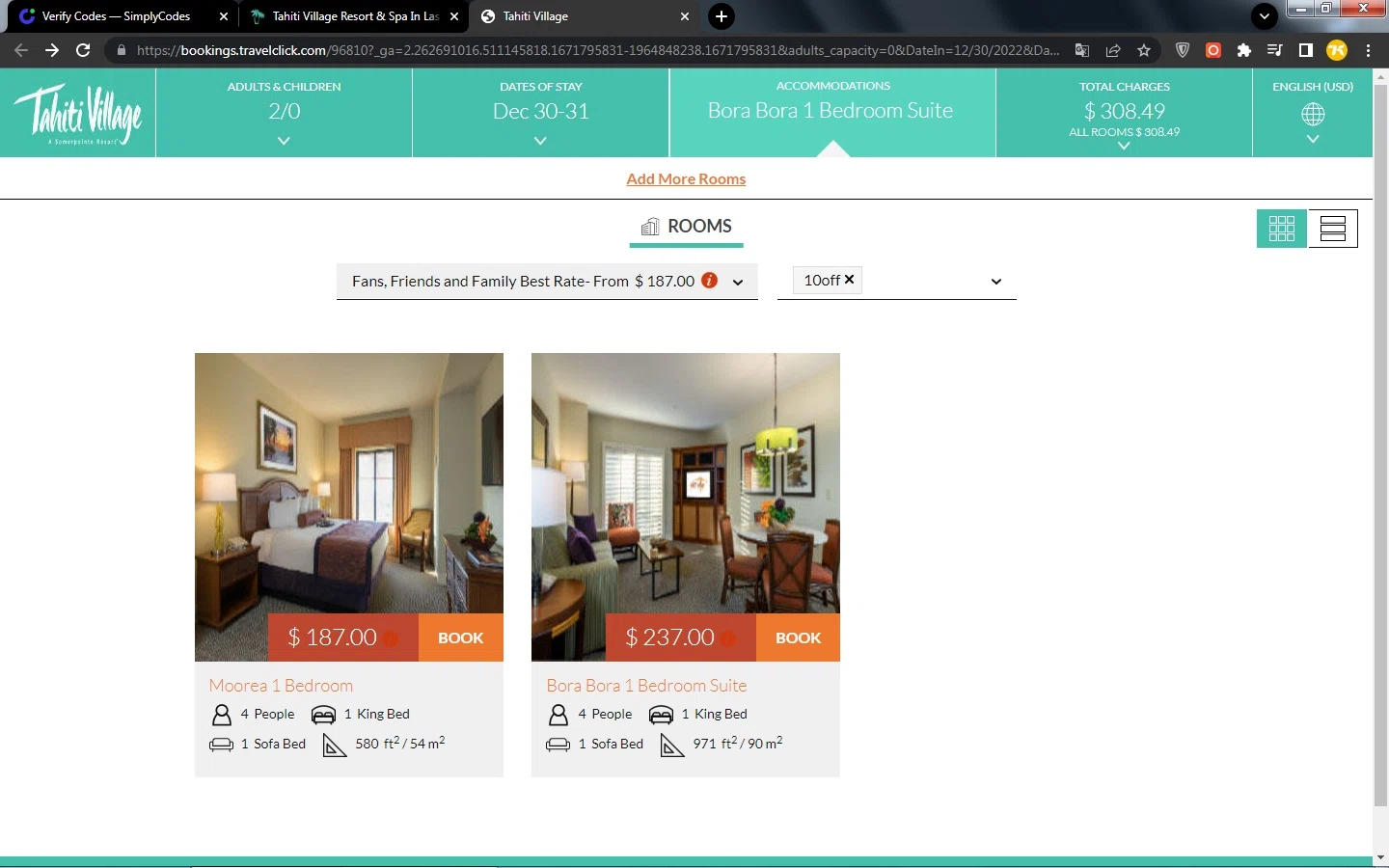 Tahiti Village Resort checkout page showing Tahiti Village Resort discount code box | Screenshot taken by SimplyCodes community member on Dec 23, 2022