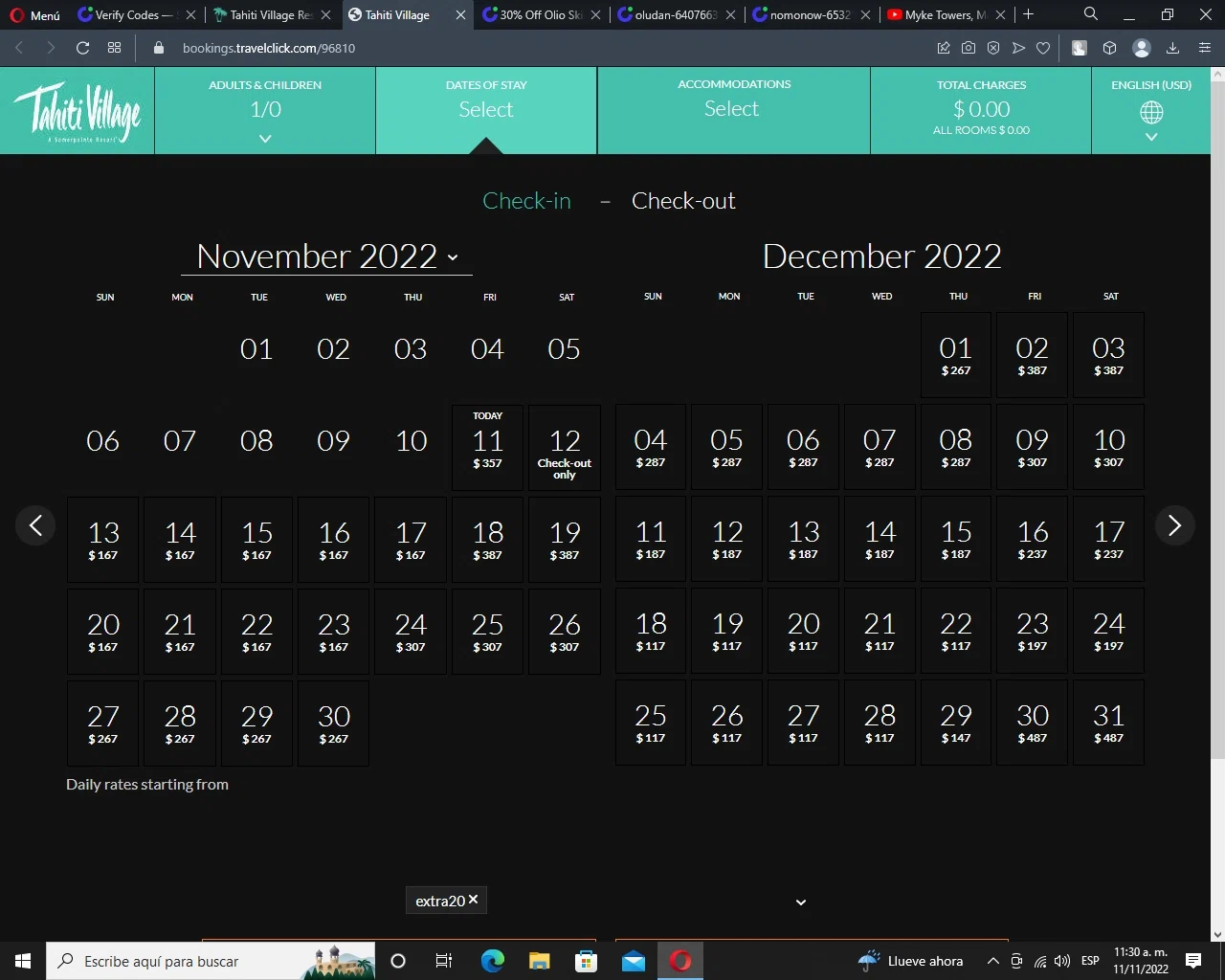 Tahiti Village Resort checkout page showing Tahiti Village Resort discount code box | Screenshot taken by SimplyCodes community member on Nov 11, 2022
