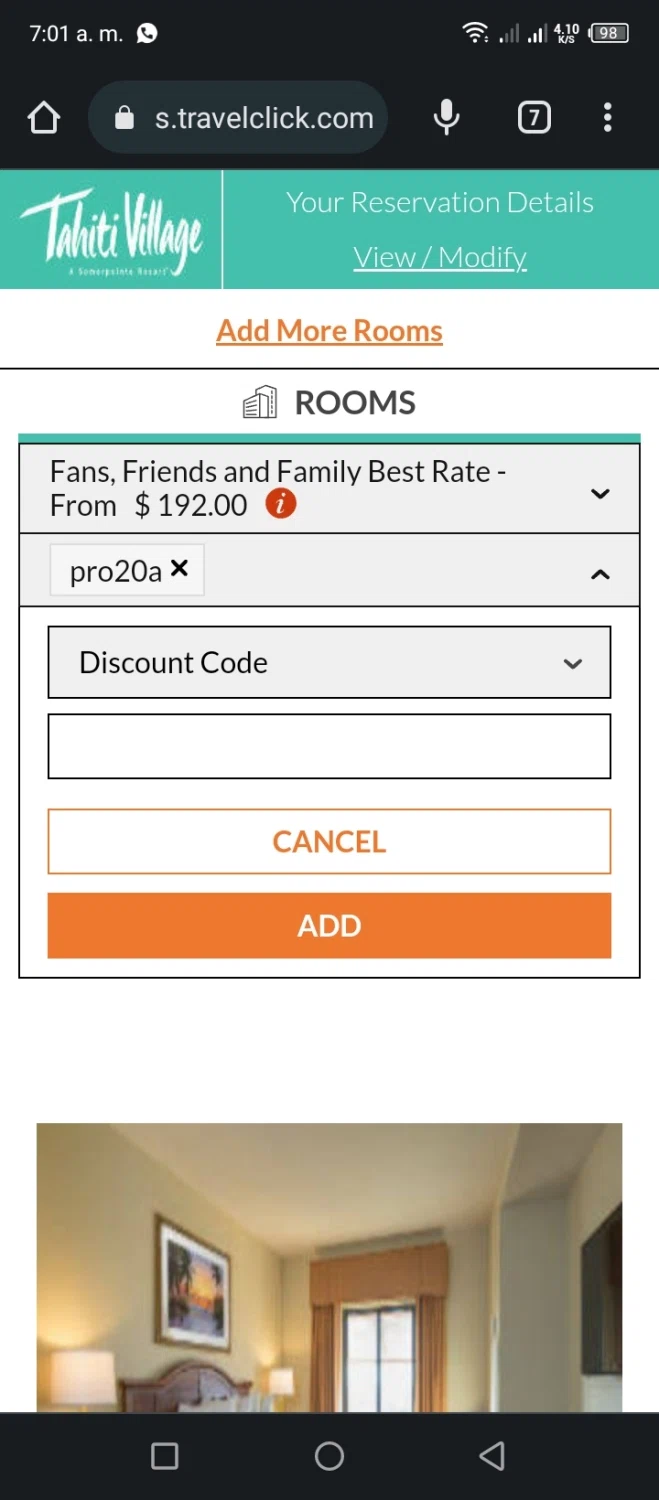 Tahiti Village Resort checkout page showing Tahiti Village Resort discount code box | Screenshot taken by SimplyCodes community member on Jan 18, 2023