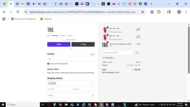 Tail Activewear checkout page showing Tail Activewear coupon code box | Screenshot taken by SimplyCodes community member on Sep 12, 2025