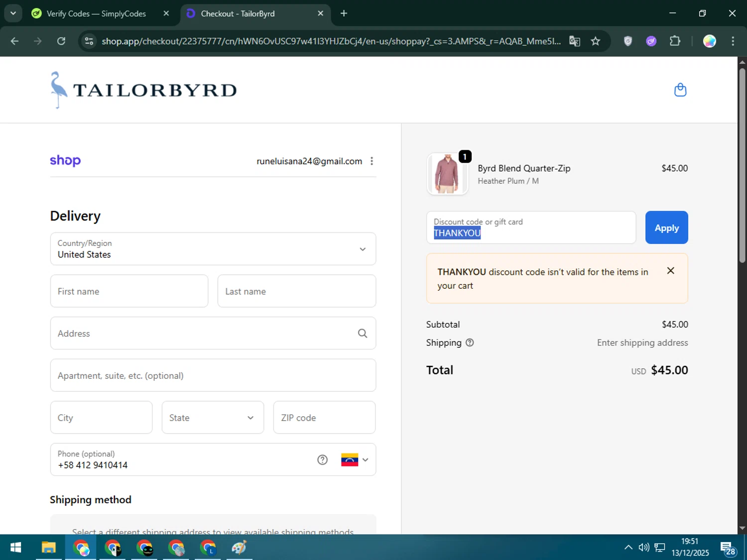 TailorByrd discount code screenshot showing code THANKYOU applied at TailorByrd checkout page. Uploaded by SimplyCodes community member Estrellitacoairis on Dec 13, 2025