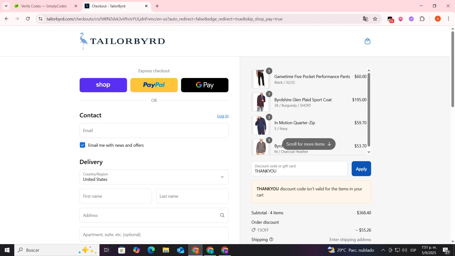 TailorByrd discount code screenshot showing code THANKYOU applied at TailorByrd checkout page. Uploaded by SimplyCodes community member FrugalSentinel6206 on Sep 5, 2025