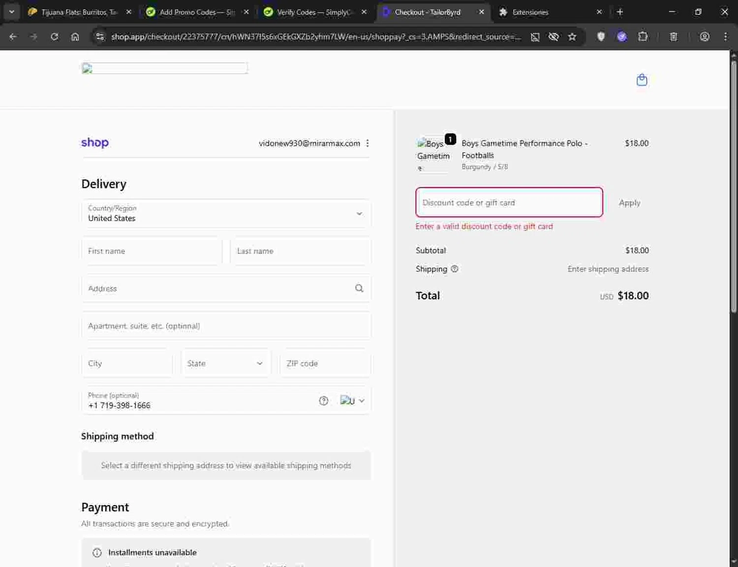 TailorByrd discount code screenshot showing code JOHNP10 applied at TailorByrd checkout page. Uploaded by SimplyCodes community member Deadpool on Sep 18, 2025