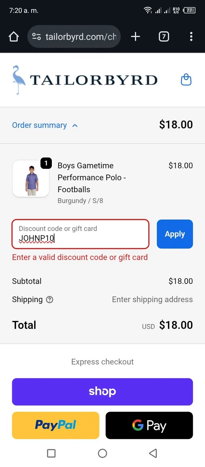 TailorByrd discount code screenshot showing code JOHNP10 applied at TailorByrd checkout page. Uploaded by SimplyCodes community member Miggy2024 on Sep 18, 2025