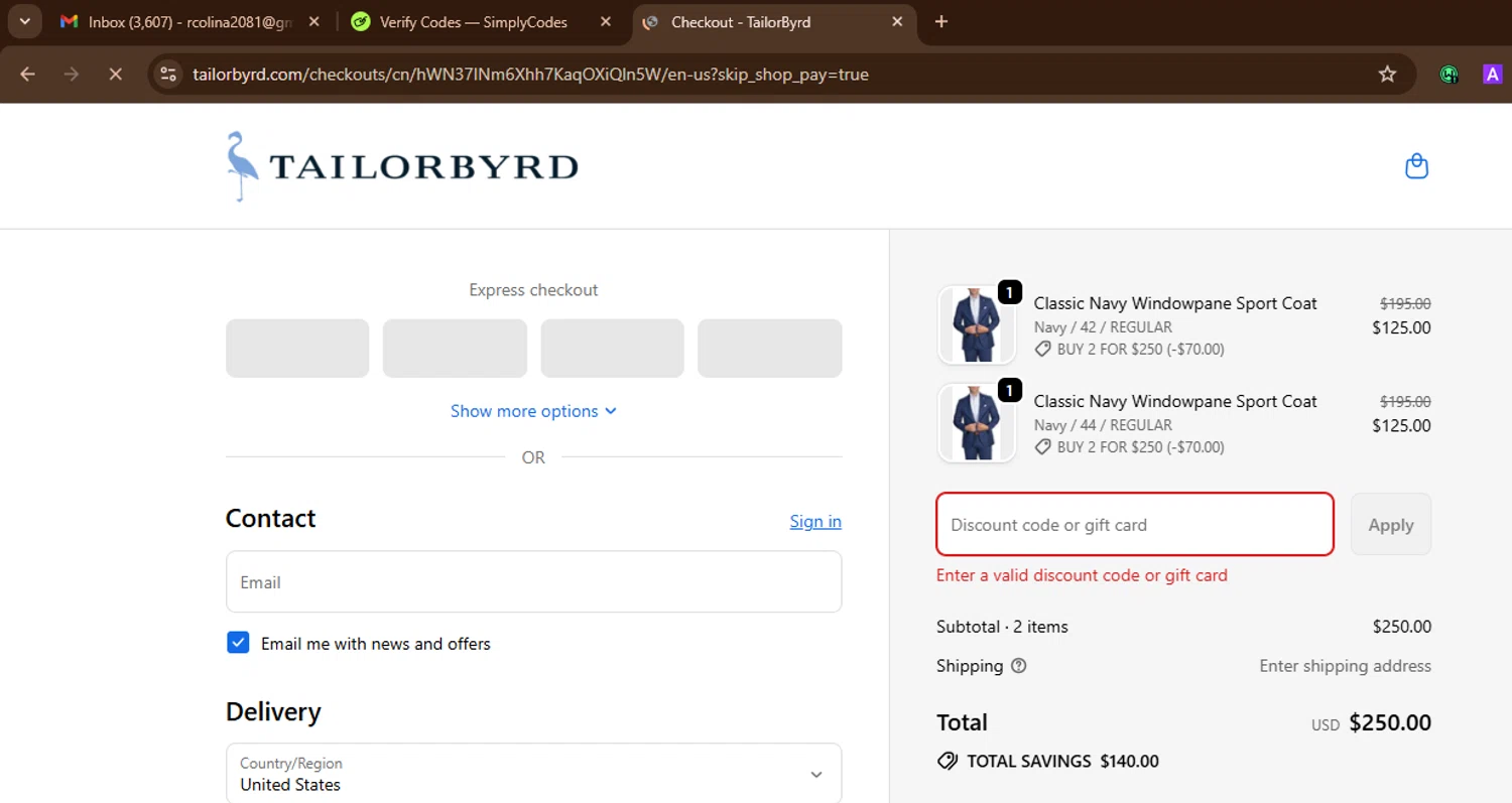 TailorByrd discount code screenshot showing code JOHNP10 applied at TailorByrd checkout page. Uploaded by SimplyCodes community member SnoopDogg on Sep 18, 2025