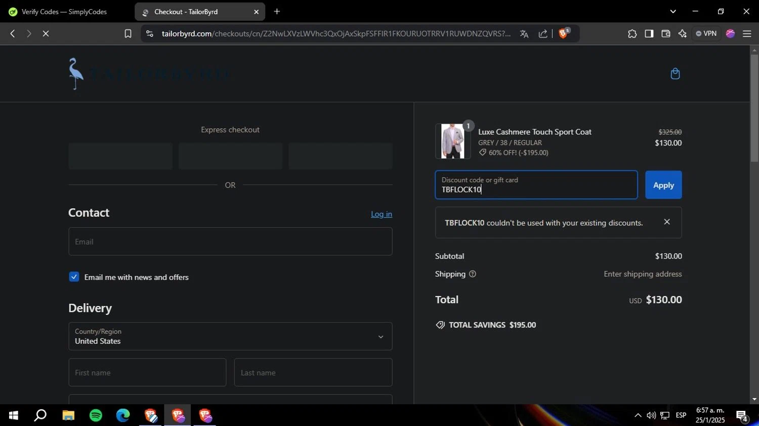 TailorByrd discount code screenshot showing code TBFLOCK10 applied at TailorByrd checkout page. Uploaded by SimplyCodes community member Yoseff2 on Jan 25, 2025
