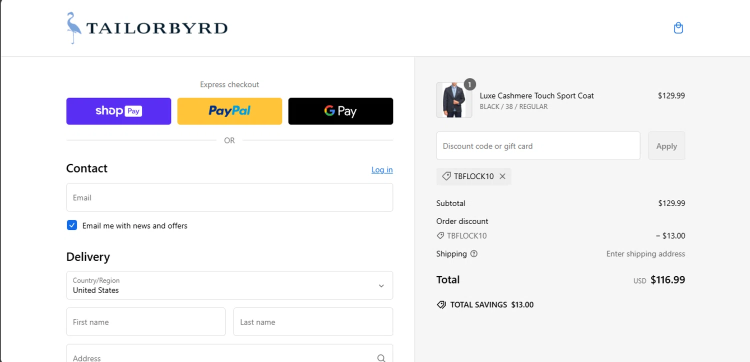 TailorByrd discount code screenshot showing code TBFLOCK10 applied at TailorByrd checkout page. Uploaded by SimplyCodes community member jupitera on Feb 23, 2025