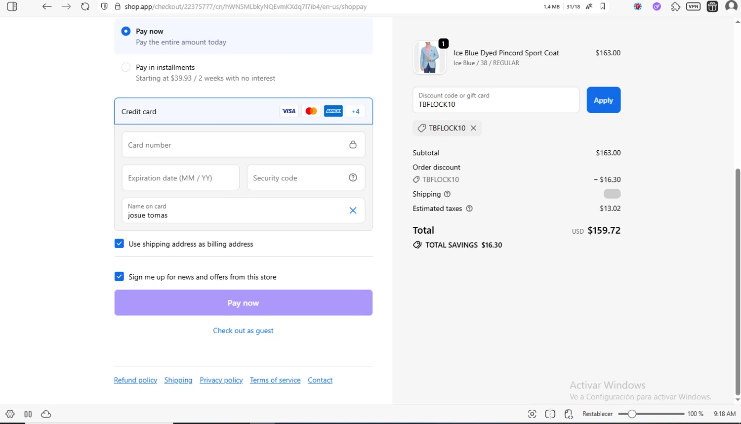TailorByrd discount code screenshot showing code TBFLOCK10 applied at TailorByrd checkout page. Uploaded by SimplyCodes community member luissilva2 on Nov 16, 2025