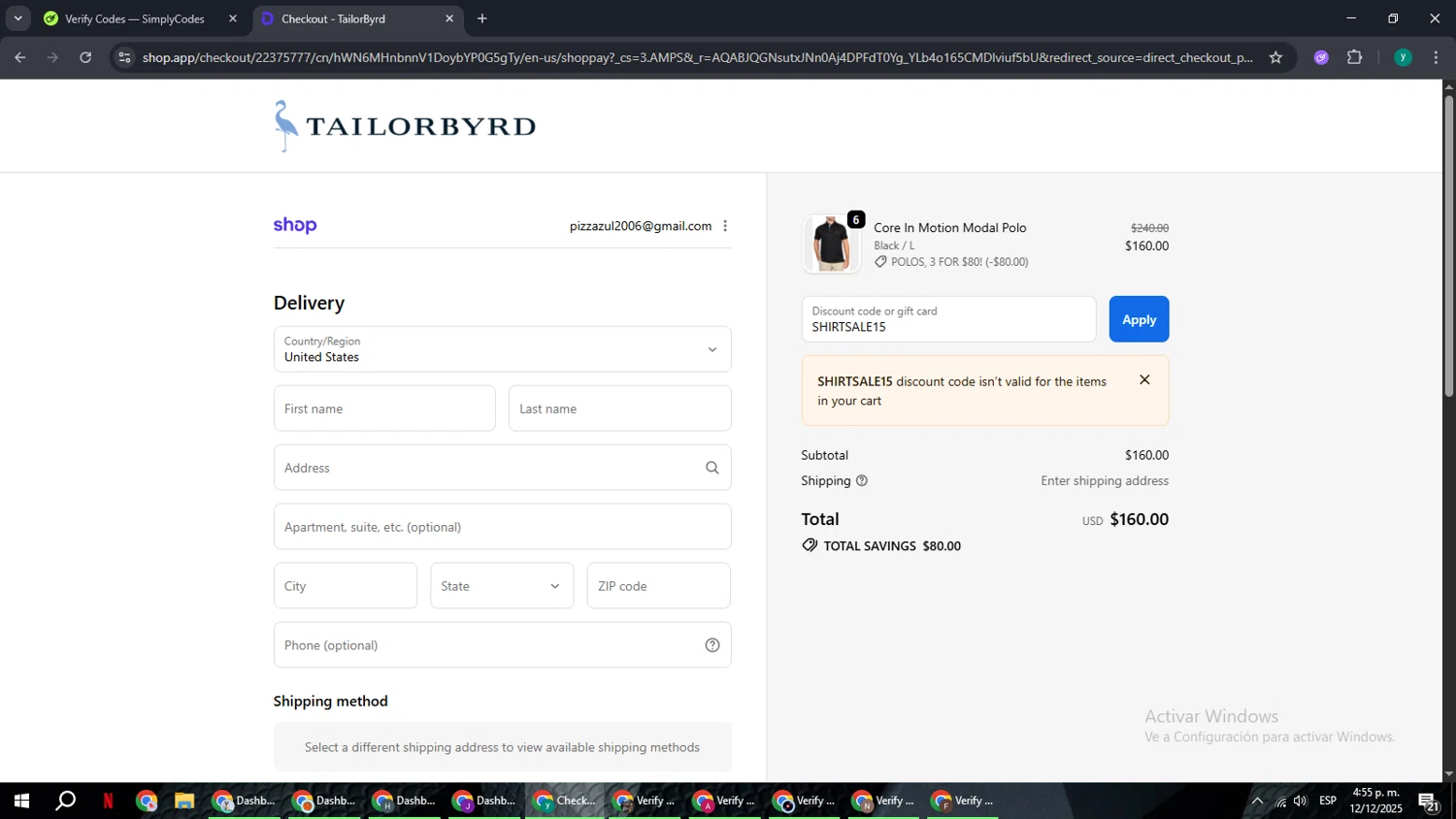 TailorByrd discount code screenshot showing code SHIRTSALE15 applied at TailorByrd checkout page. Uploaded by SimplyCodes community member FrugalCaptain6906 on Dec 12, 2025