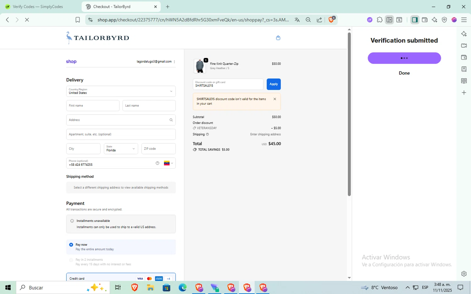 TailorByrd discount code screenshot showing code SHIRTSALE15 applied at TailorByrd checkout page. Uploaded by SimplyCodes community member aaaaaaaaaaaaaaa on Nov 11, 2025