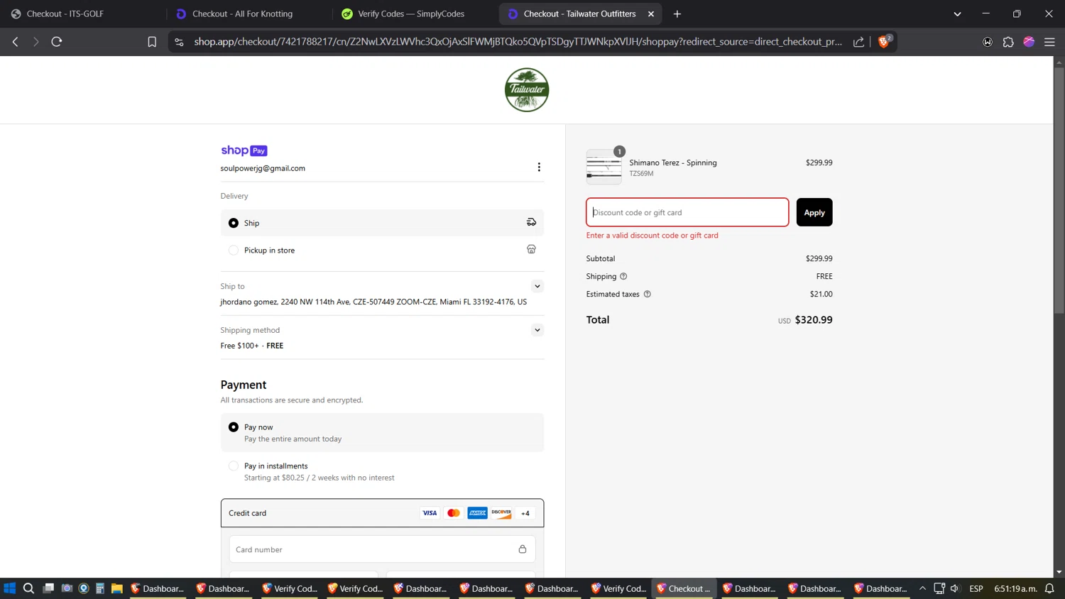 Tailwater Outfitters discount code screenshot showing code REEL10 applied at Tailwater Outfitters checkout page. Uploaded by SimplyCodes community member TreasureExpert3303 on Apr 2, 2025
