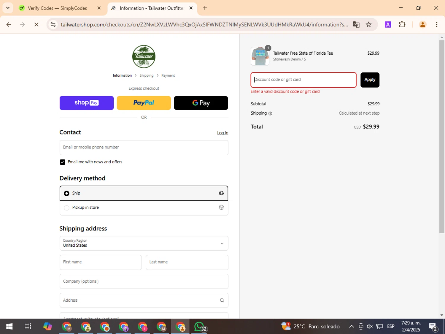 Tailwater Outfitters discount code screenshot showing code REEL10 applied at Tailwater Outfitters checkout page. Uploaded by SimplyCodes community member TreasurePro466 on Apr 2, 2025