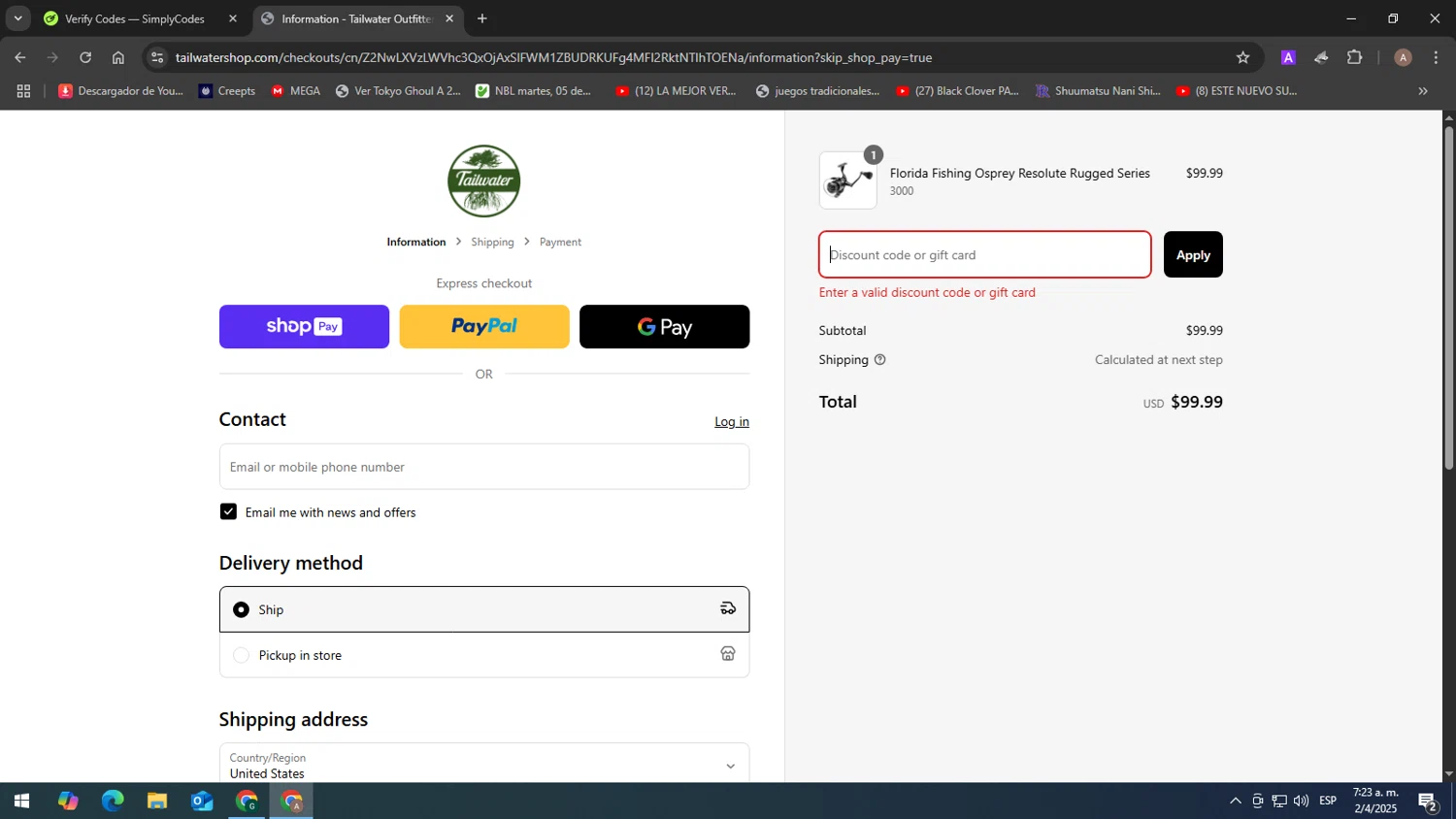 Tailwater Outfitters discount code screenshot showing code REEL10 applied at Tailwater Outfitters checkout page. Uploaded by SimplyCodes community member yasabesssss on Apr 2, 2025